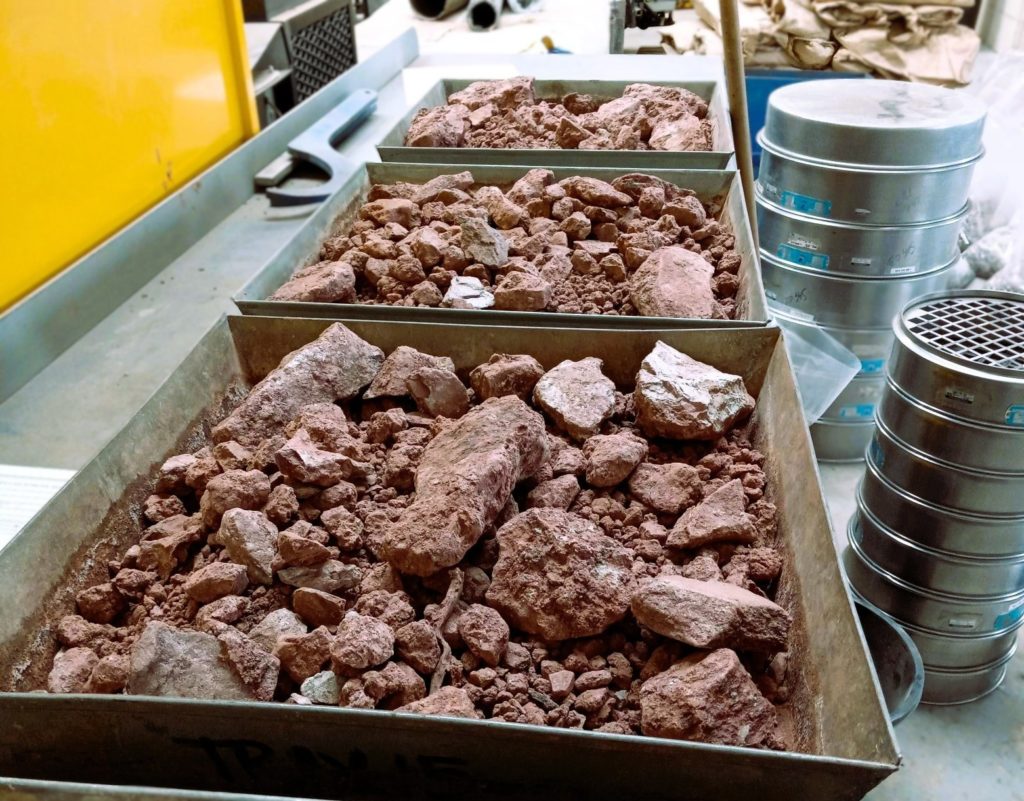 Rock samples placed in a container in a lab.